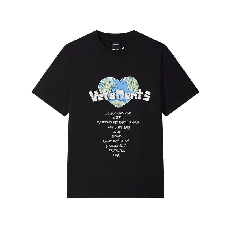 Черная футболка VETEMENTS с короткими рукавами, размер S, классический логотип земли в форме сердца，