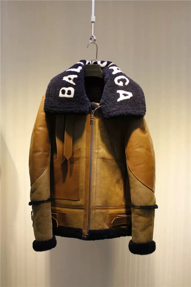 Balenciaga с буквенным принтом и воротником из овчины, мотоциклетная куртка коричневого цвета, размер S, оригинал