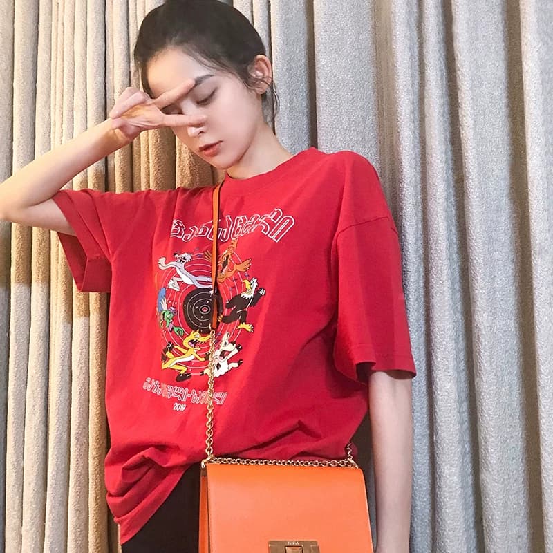 Красная футболка VETEMENTS с короткими рукавами, свободного кроя, мультяшный принт на груди, чистый хлопок