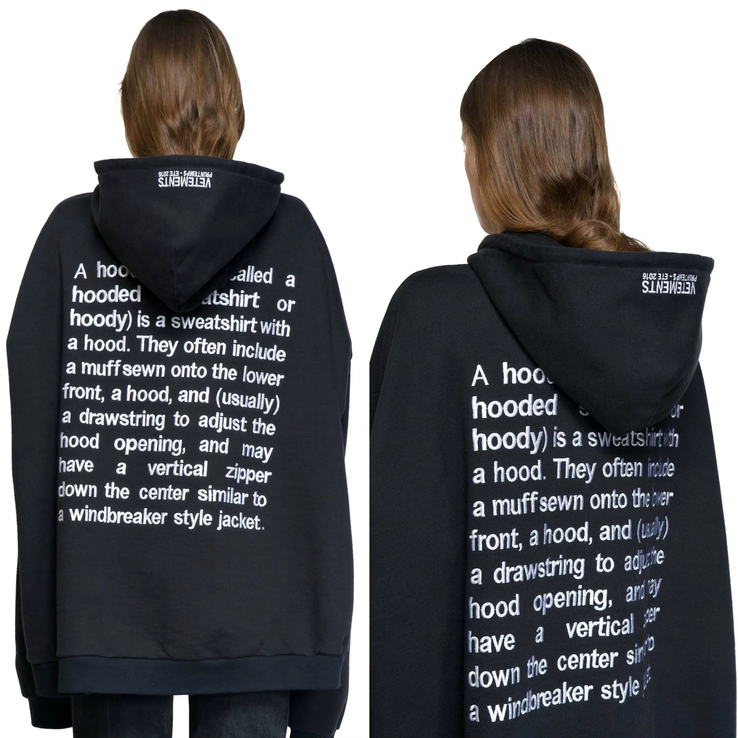 Черный свитер с капюшоном VETEMENTS, свободного кроя, с полной английской вышивкой на спине，