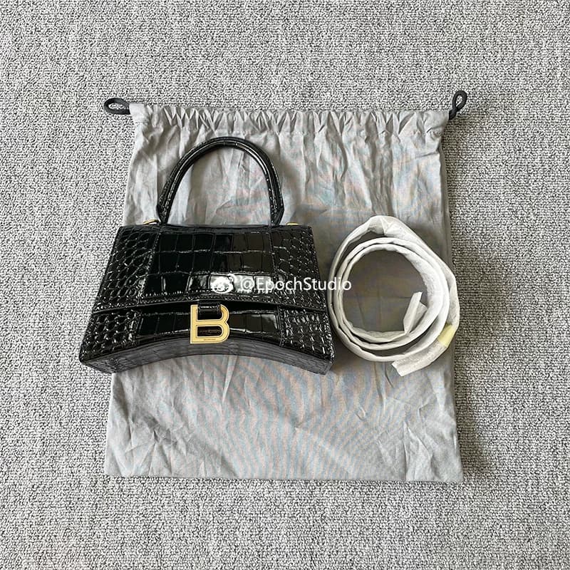 Balenciaga/Сумка Balenciaga hourglass с узором песочные часы из черного/белого золота и крокодиловой кожи