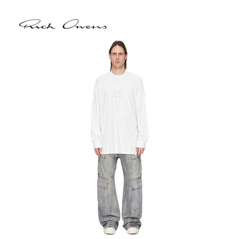 【Специальное предложение】 Мужская трикотажная рубашка RICK OWENS DRKSHDW из молочно-белого хлопка с длинными рукавами.
