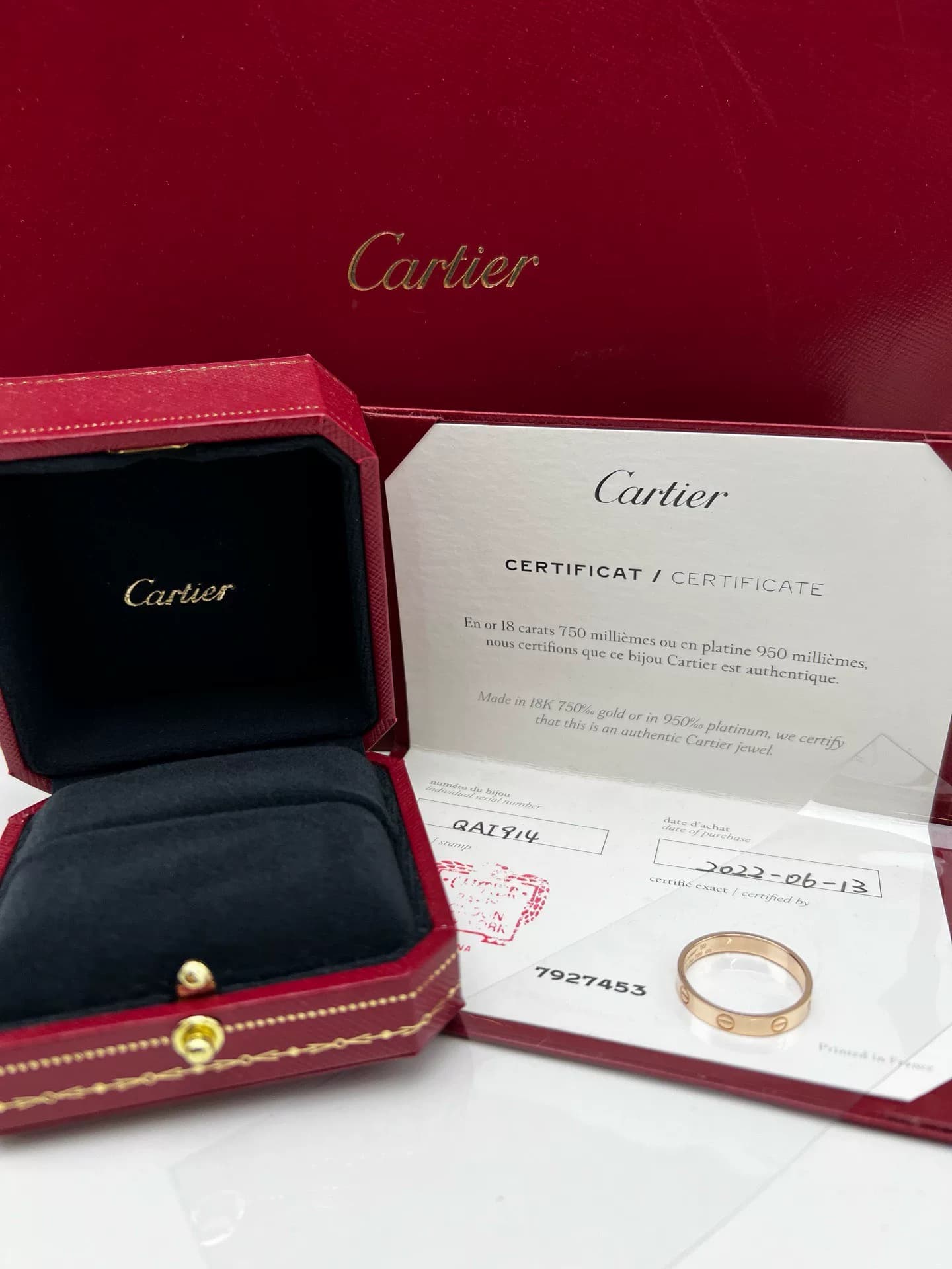 Совершенно новый полный комплект узких колец из розового золота 18 карат Cartier love, размер 59