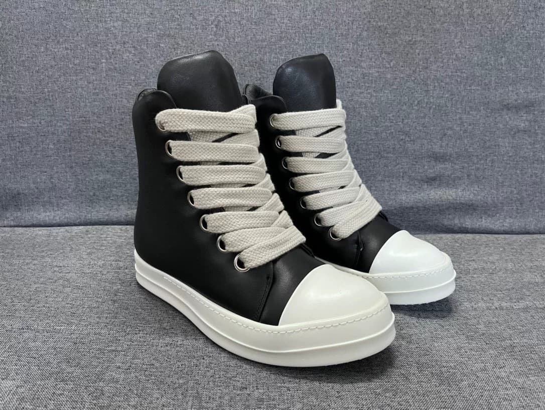 Высококачественные черно-белые ботинки Rick Owens main line на толстых шнурках из воловьей кожи с высоким берцем