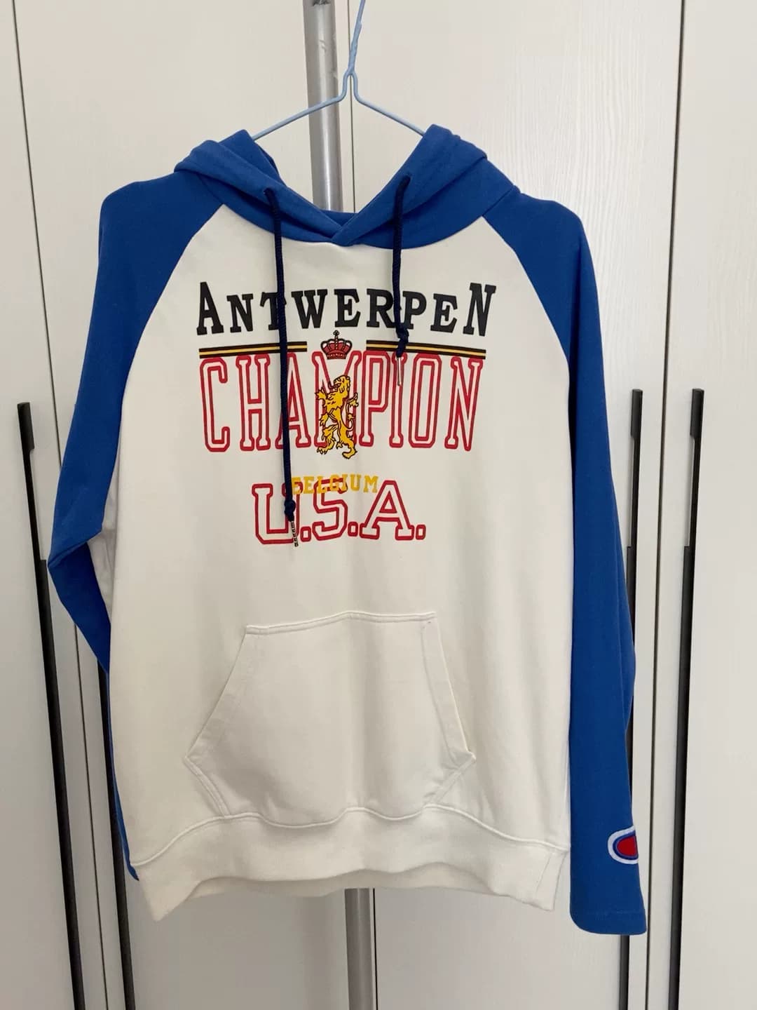 Сине-белый свитер под брендом VETEMENTS x Champion выполнен неправильно