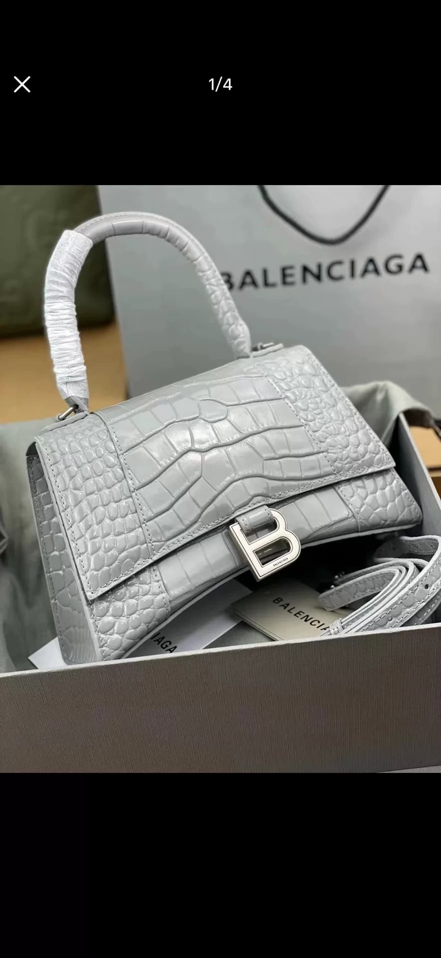 Бесплатная доставка!Сумка Balenciaga Balenciaga в форме песочных часов, серый узор "крокодиловая кожа", серебряная пряжка B, портативная сумка-мессен…