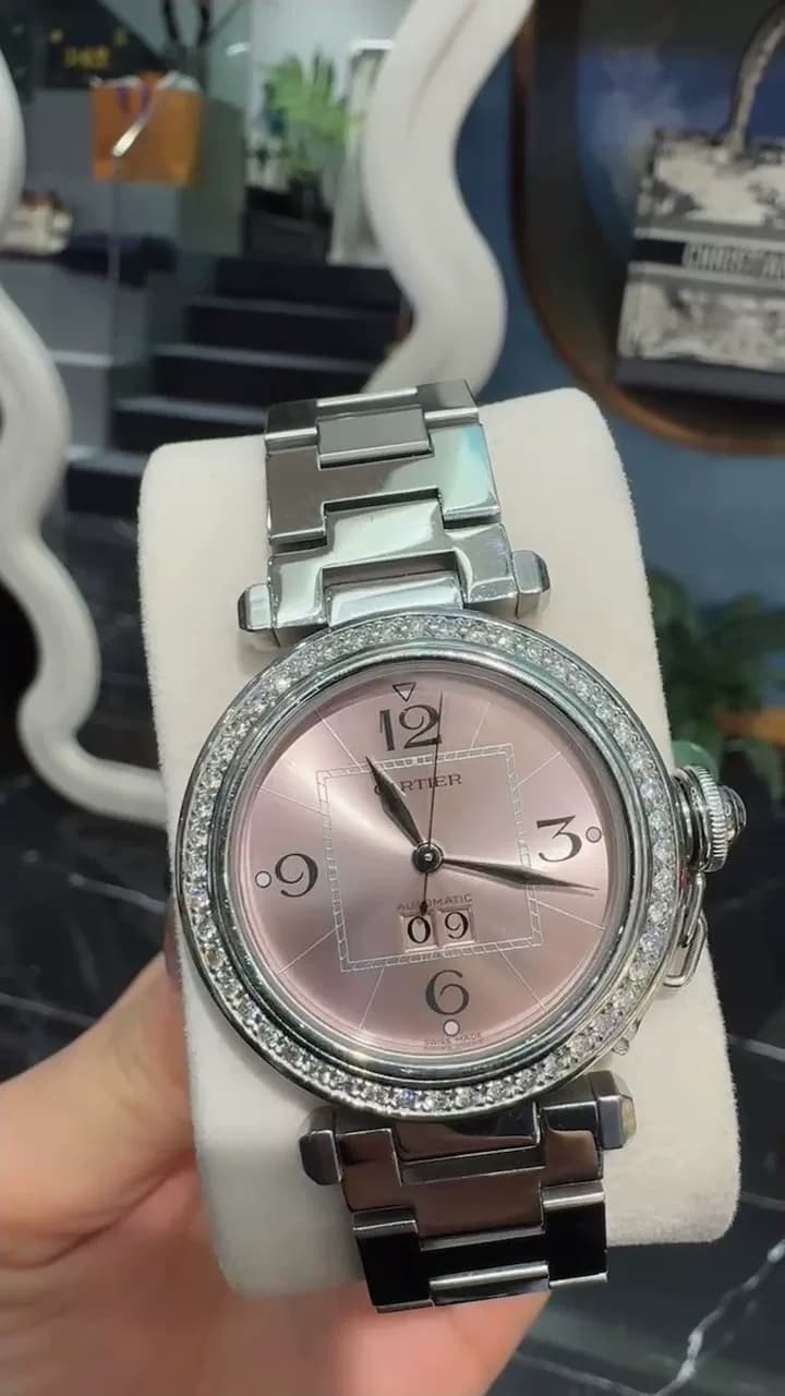 Женские механические часы с автоподзаводом Cartier Pasha series W31058M7 с розовым циферблатом, ремешком из нержавеющей стали, диаметром 35 мм, механ…
