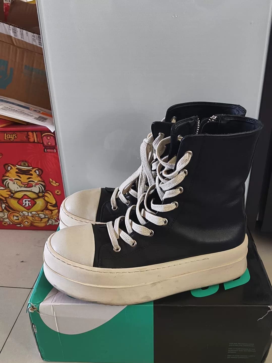 Кроссовки Rick Owen main line с высоким берцем на толстой подошве, черная кожа, 260 ярдов (приблизительно