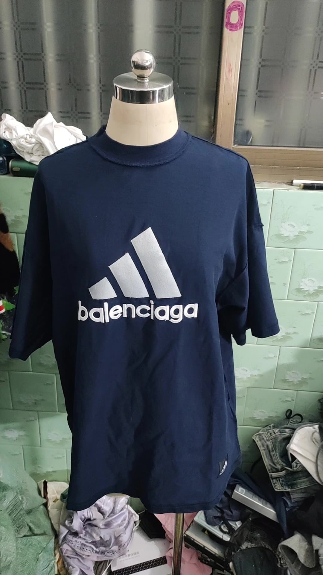 Футболка Balenciaga x adidas joint с коротким рукавом, темно-синяя,