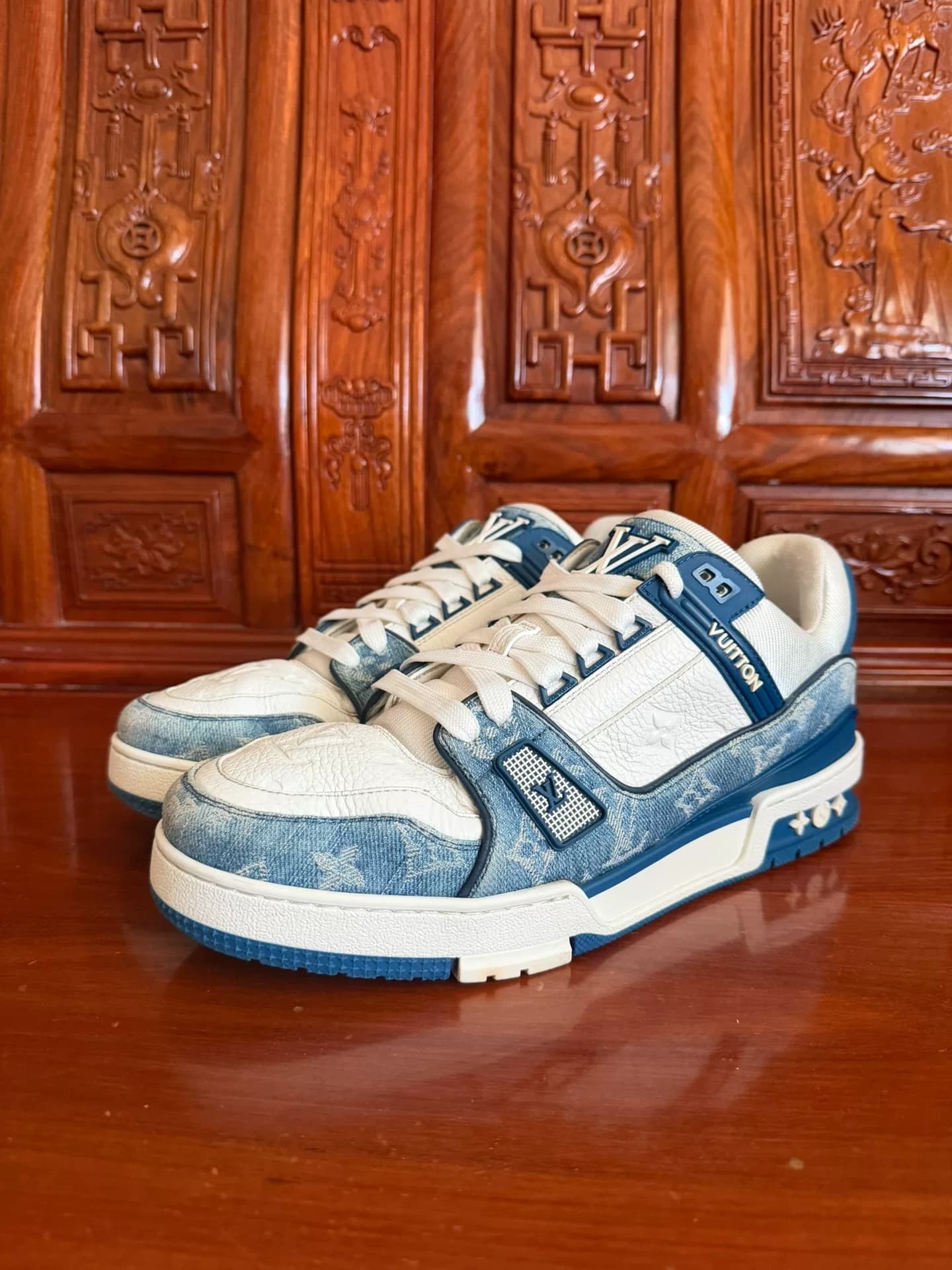 Оригинальные джинсовые кроссовки LV Trainer сине-белого цвета с низким берцем, размер 42, размер 8