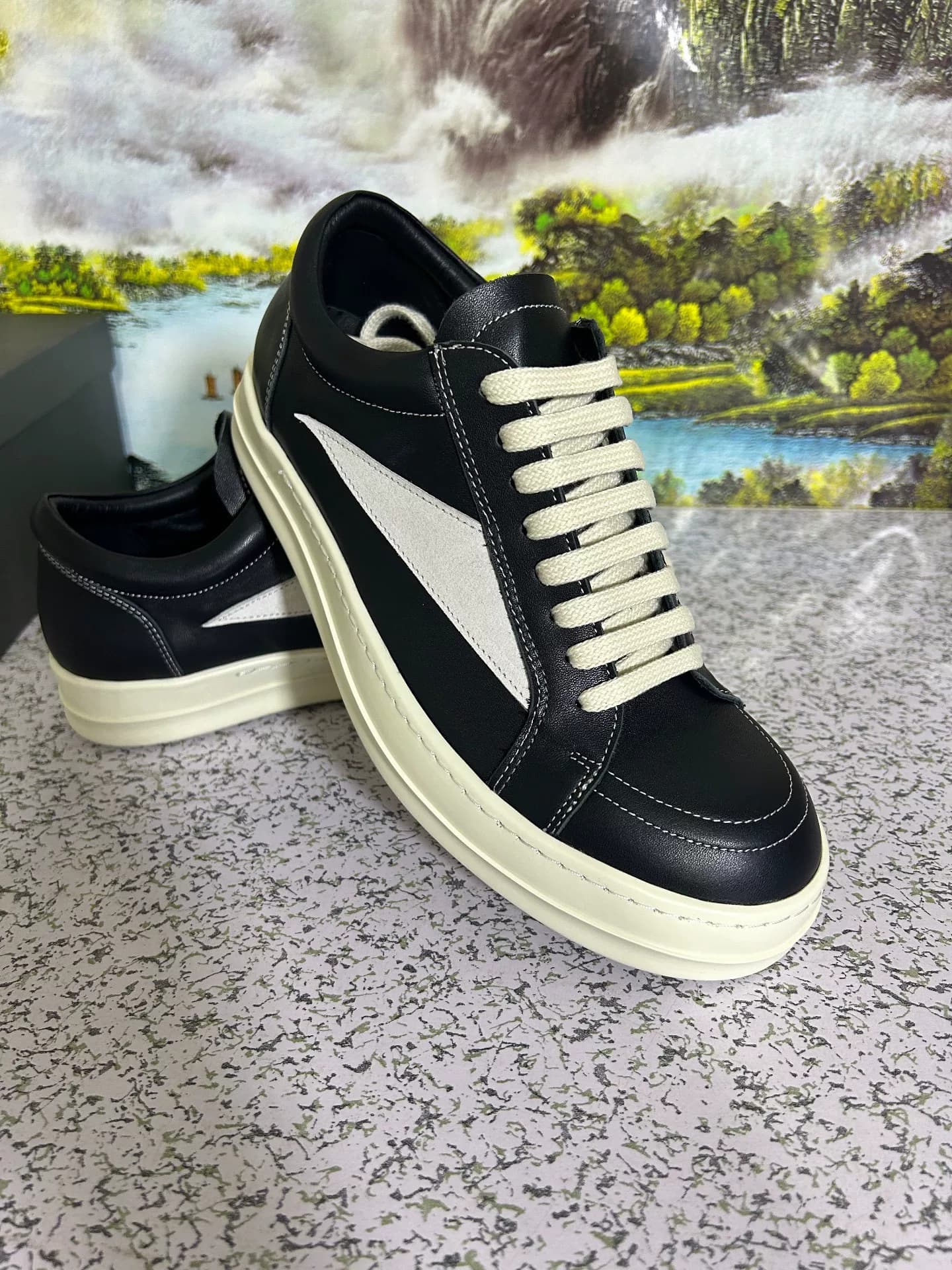 Мужские кроссовки RICK OWENS /RO из телячьей кожи с низким берцем, черные с молочным оттенком, из натуральной кожи, абсолют…
