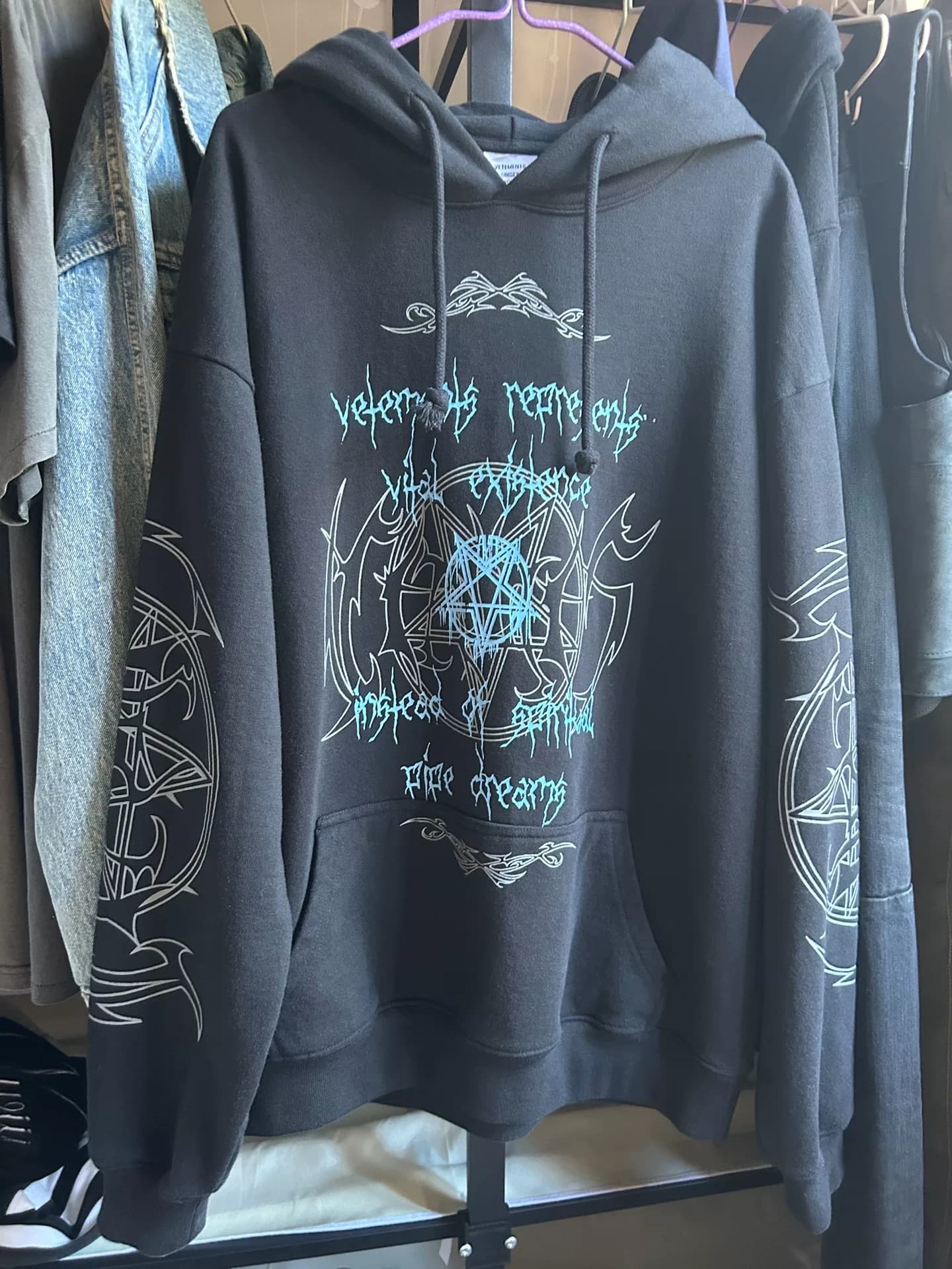 ранняя коллекция верхней части тела Кенкарсона vetements 22ss pentagram Sanskrit Gothic, темно-синий свитер с капюшоном в стиле хай-тек, размер: s, с…