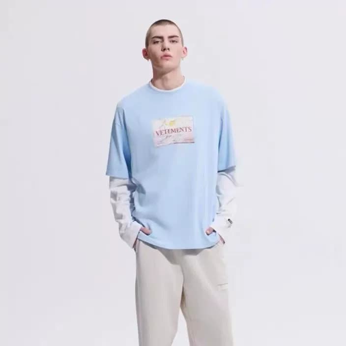 Совершенно новая светло-голубая футболка VETEMENTS с длинными рукавами, размер XL, натуральная футболка с биркой